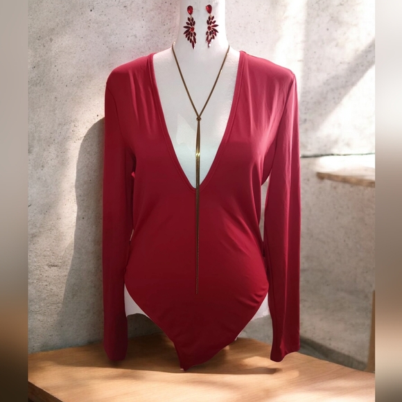 SHEIN Tops - SHEIN Deep V-Neck Red Bodysuit